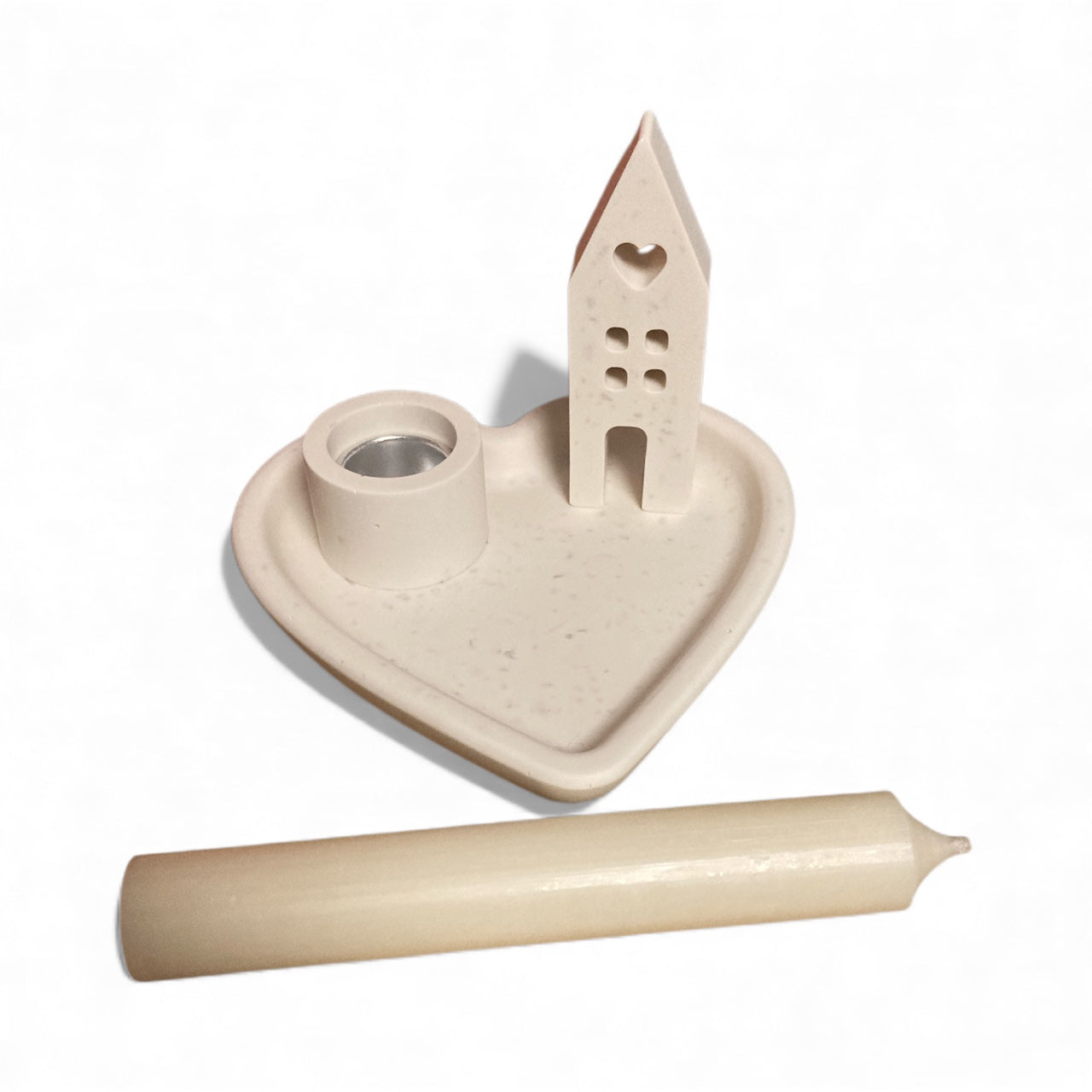 handgegossener Herz-Kerzenhalter aus Jesin mit Häuschenmotiv