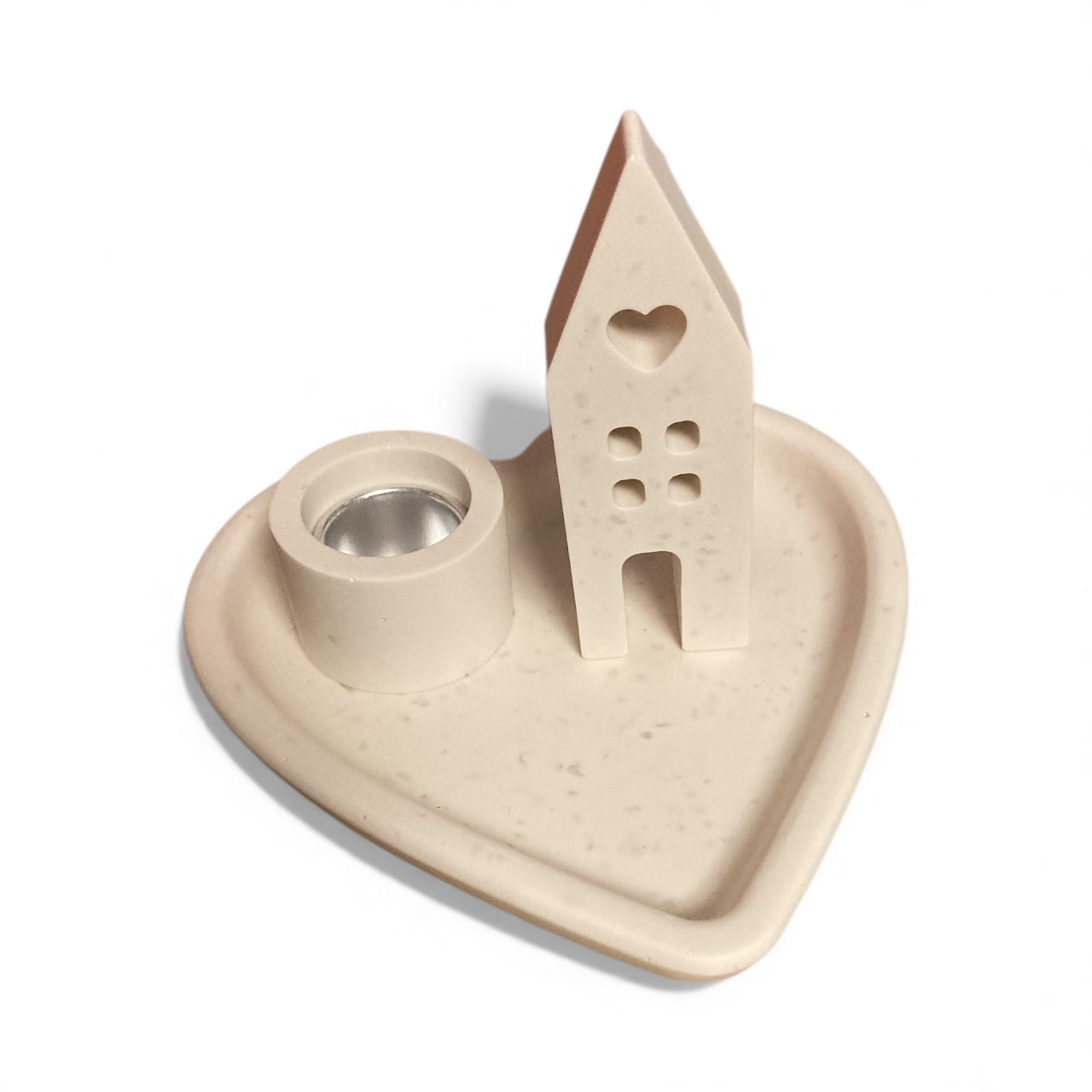 handgegossener Herz-Kerzenhalter aus Jesin mit Häuschenmotiv